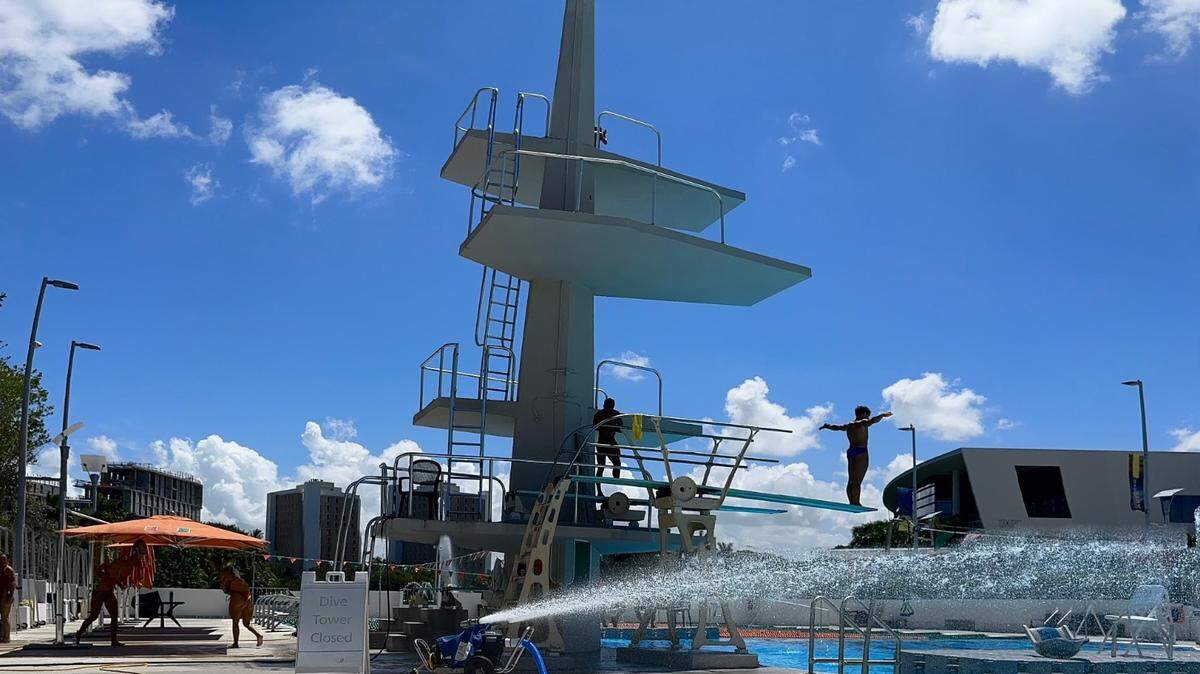 Competition swimming pools, like the Olympic-sized 50-meter University of Miami pool, often feature aerators. These machines use the pool’s water to recirculate from the pool, into the air, and back in again. This cools down the water. Many recreational pools use these machines, too, in the summer months.