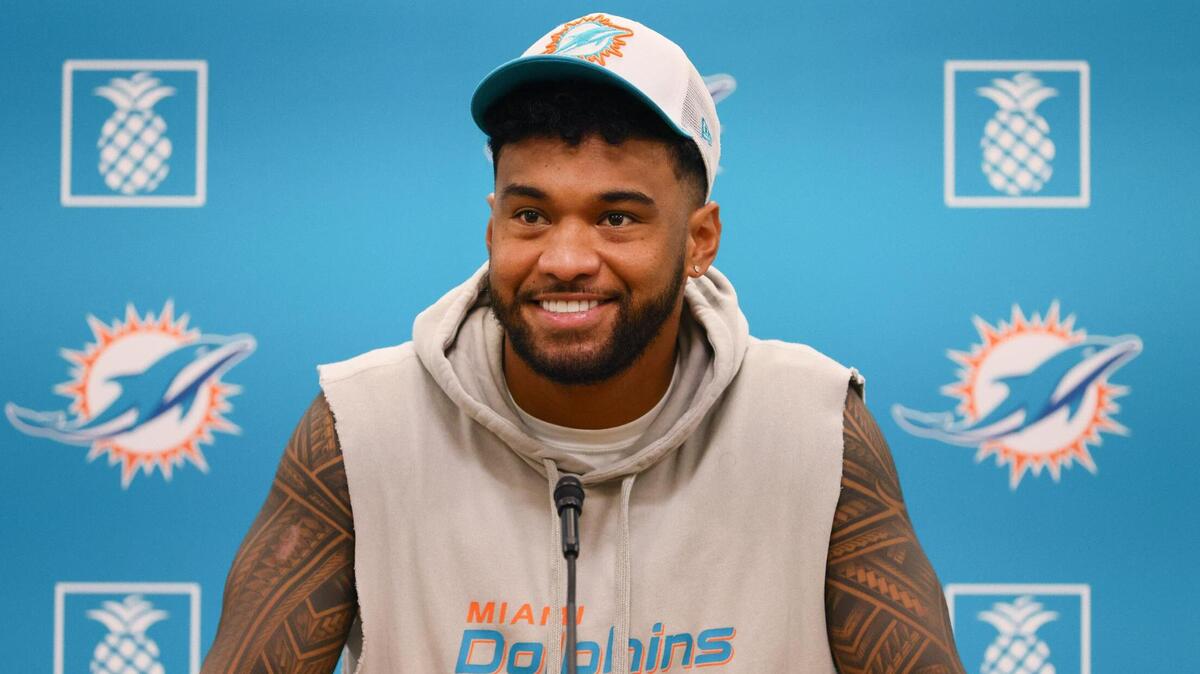 Miami Dolphins quarterback Tua Tagovailoa (1) talks to reporters during media availability at Baptist Health Training Complex in Miami Gardens, Florida, Monday, October 21, 2024.