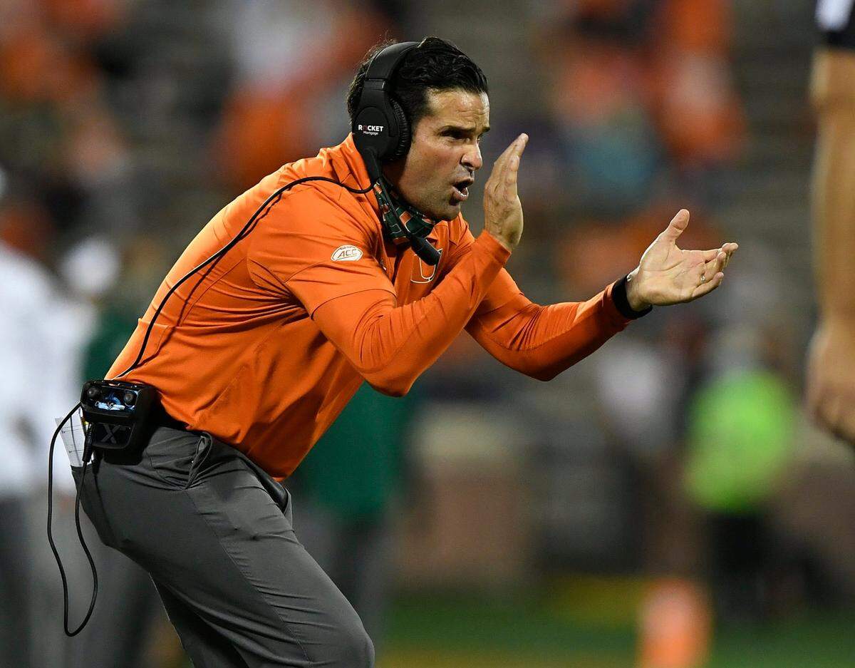 Miami head coach Manny Diaz coaches against Clemson during the 2nd quarter during ClemsonÕs game against the University of Miami at Clemson’s Memorial Stadium Saturday, October 10, 2020. ACC Pool/Bart Boatwright/The Clemson Insider