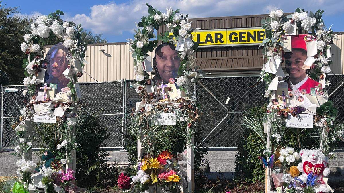 The memorial for Angela Michelle Carr, Jerrald Gallion, and Anolt Joseph Laguerre Jr. that sits in front of a Dollar General in Jacksonville, Florida on September 24, 2023. A racist gunman killed the three individuals at the Dollar General on August 26, 2023.