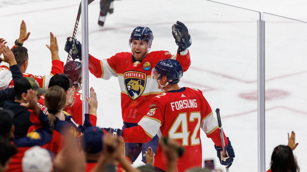 Florida Panthers center Nick Cousins (21) celebrate with teammates after scoring a goal during the first period of an NHL game against the Carolina Hurricanes at FLA Live Arena on Wednesday, November 9, 2022 in Sunrise, Fl.