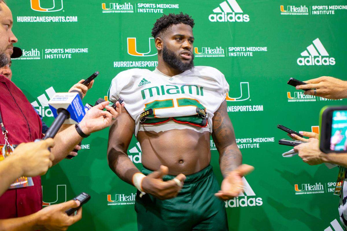 Miami Hurricanes linebacker Zach McCloud (53) speaks to the media after a July 2019 practice. McCloud’s decision to redshirt last season allowed him to return for a final season in 2020.