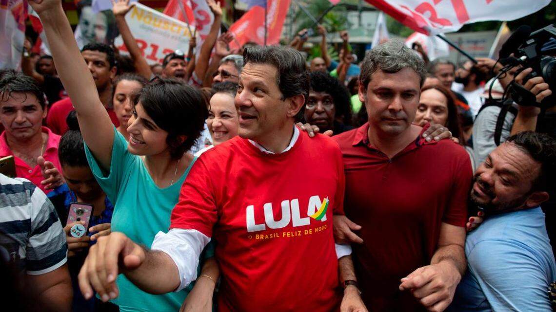 At a campaign rally, presidential candidate Fernando Haddad, of Brazil’s Workers Party, wears a shirt touting former President Luiz Inacio Lula da Silva, now imprisoned on corruption charges.