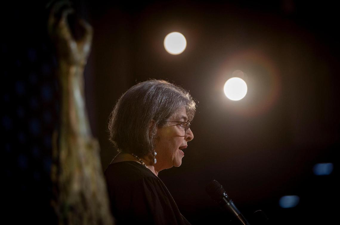 Miami Beach, FL, April 27, 2025 - Miami-Dade County Mayor, Daniella Levine Cava delivers her speech during a ceremony to Commemorate Yom HaShoah, Holocaust Remembrance Day at Temple Emanu-El in Miami Beach.