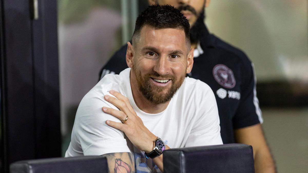 Inter Miami forward Lionel Messi (10) reacts from the sidelines before his team’s MLS match against Charlotte FC at DRV PNK Stadium on Wednesday, Oct. 18, 2023, in Fort Lauderdale, Fla.