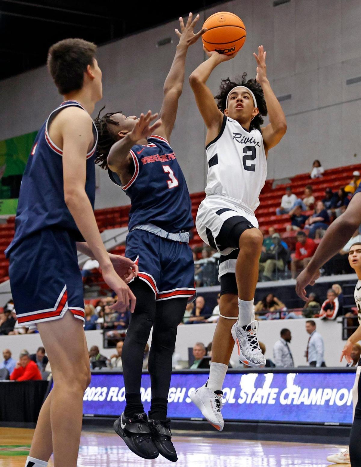 Riviera Prep’s Mason Fuentes (2) attempts to score as Windermere Prep’s Aiden Fletcher (3) defends during the FHSAA Class 3A State Championship at the RP Funding Center in Lakeland, Florida on Saturday, March 4, 2023.