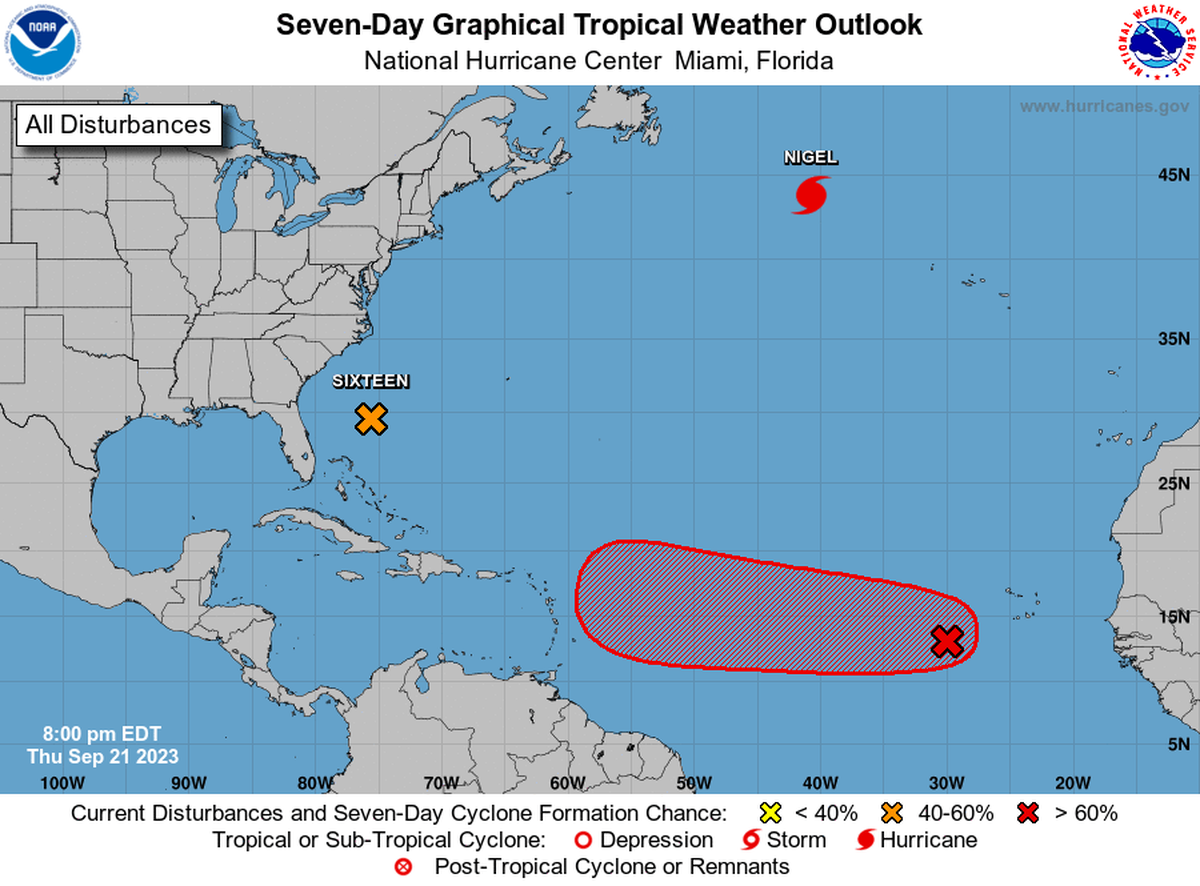 The National Hurricane Center’s map of the tropics on Thursday, Sept. 21, 2023.