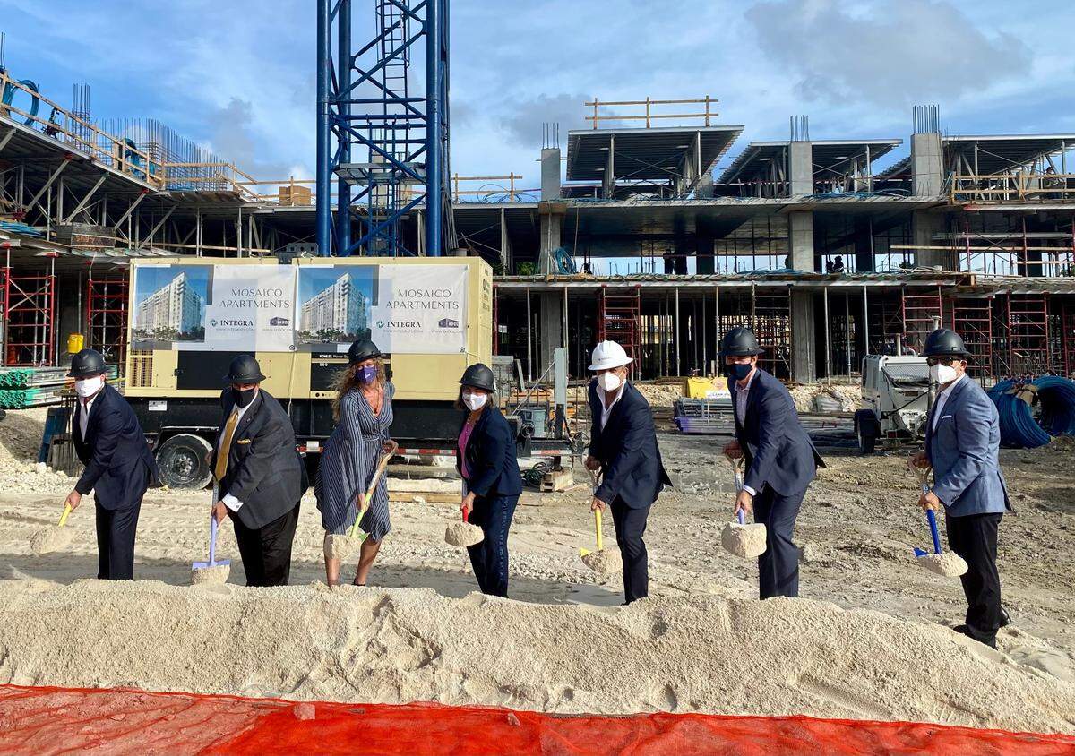 Integra Investments, secured financing for two affordable multifamily projects in July and August, including Mosaico. Construction started on Mosaico, pictured above, in October. From left to right: Jake Morrow, Interurban Principal; Roland Broussard, EHDOC; Melanie Ribeiro, President & CEO, EHDOC; Daniella Levine Cava, Mayor of Miami-Dade County; Paulo Melo, Integra Investments Principal; Nelson Stabile, Integra Investments Principal and Victor Ballestas, Integra Investments Principal.