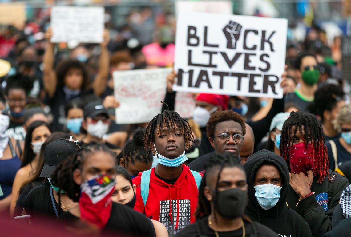 Activists listen to speakers at the Ansin Sports Complex in Miramar, Florida as they participate in a Justice for George Floyd rally on Saturday, June 6, 2020. Hundreds of protestors took to the street Saturday protesting against police brutality and the death of George Floyd in Minneapolis.