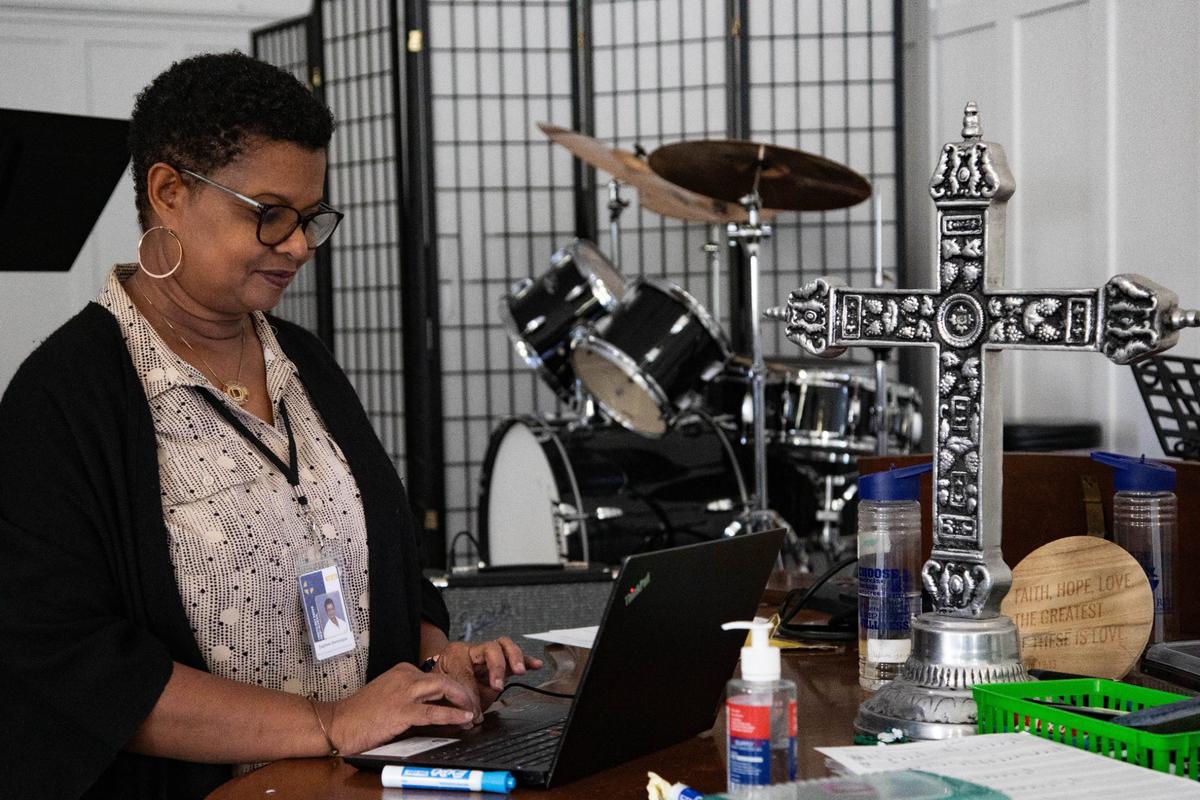 Music teacher Daphne Dominique concludes a morning class at Cristo Rey Miami High School in North Miami, FL on Wednesday, May 29, 2024.