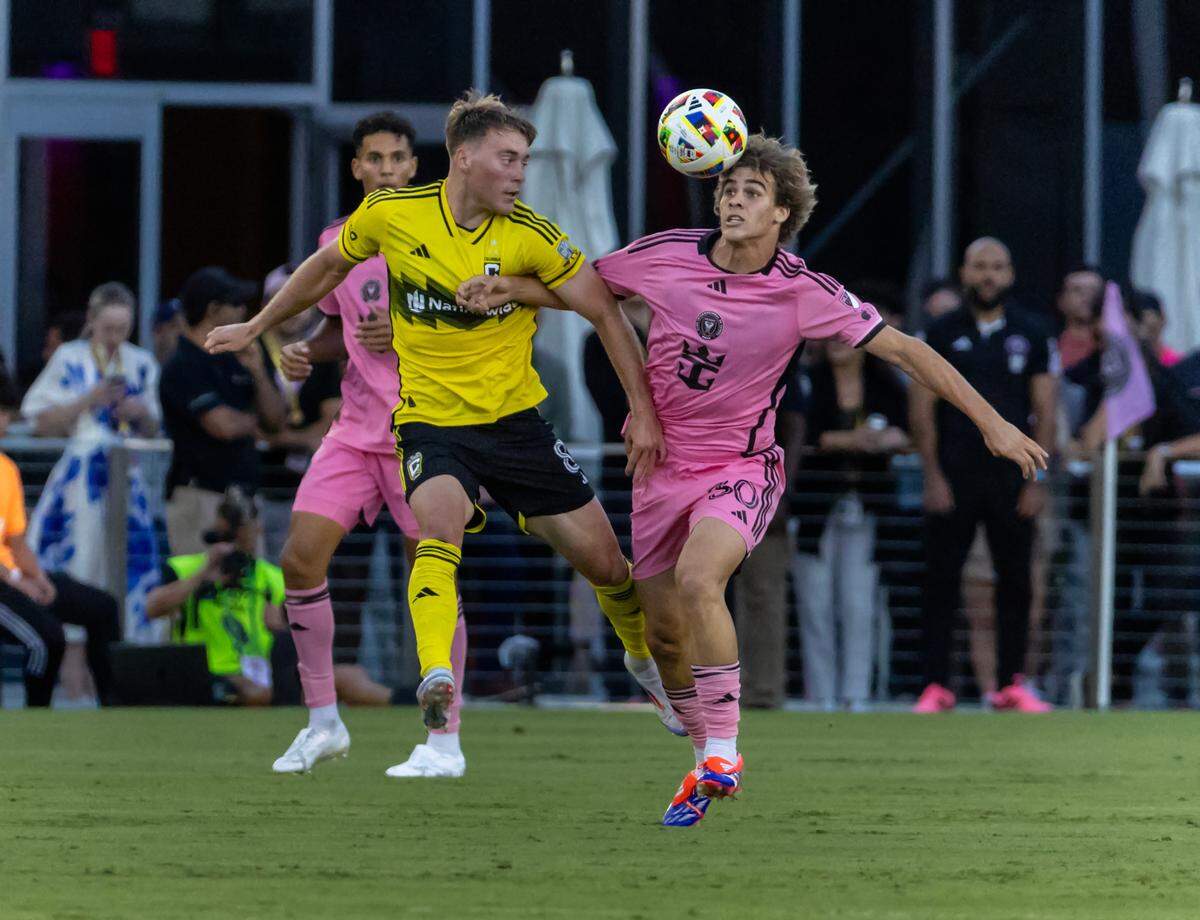 Inter Miami midfielder Benjamin Cremaschi (30) go after the ball against Columbus Crew midfielder Aidan Morris (8) in first half of their MLS match at Chase Stadium on Wednesday, June 19, 2024, in Fort Lauderdale, Fla.