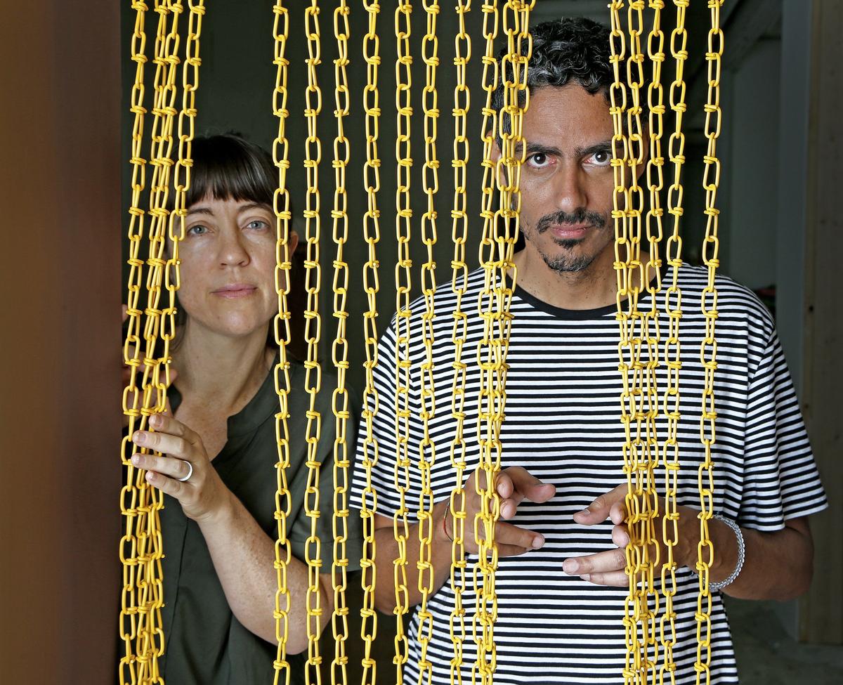 Artist-gallerists Frances Trombly and Leyden Rodriguez-Casanova pose at Dimensions Variable gallery in Miami on Wednesday, May 1, 2019.