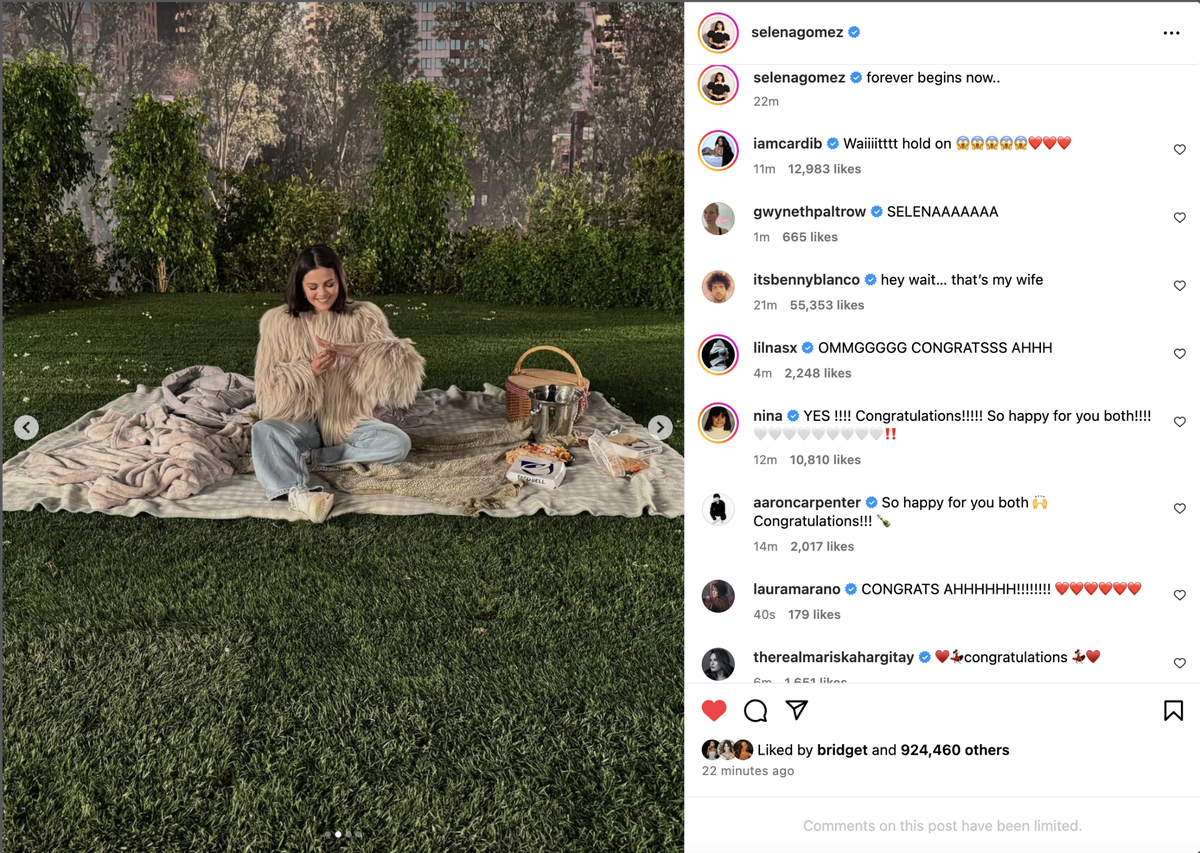Selena Gomez reveals where Benny Blanco popped the question.