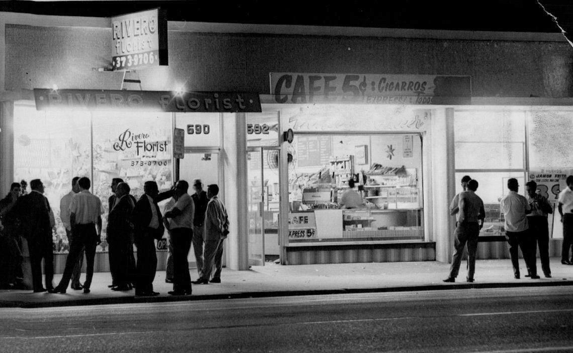 Groups gather in front of Little Havana businesses in 1967.