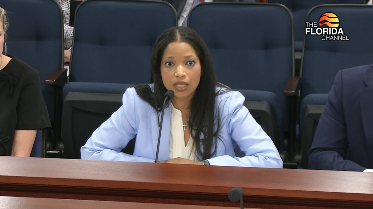 Agency for Health Care Administration Secretary Shevaun Harris answers questions from House lawmakers on April 9, 2025, about the first lady’s signature welfare initiative, Hope Florida.