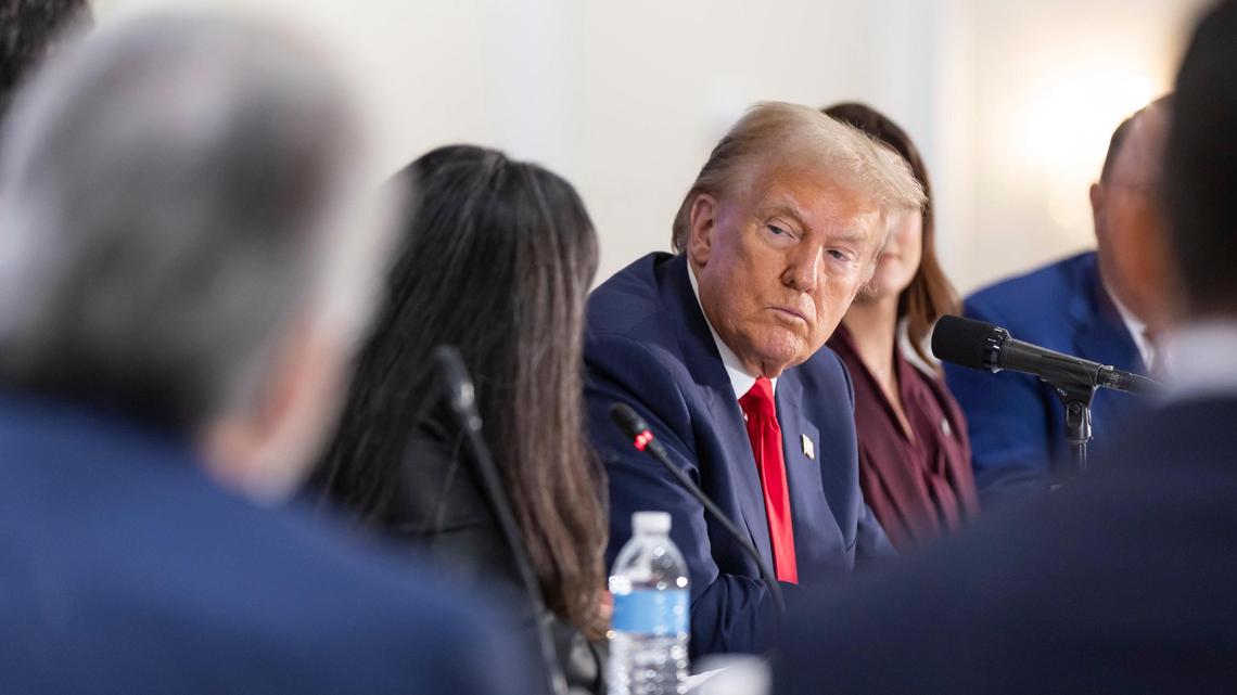 President Donald Trump listens during a roundtable discussion with local Latino leaders at Trump National Doral Miami on Tuesday, Oct. 22, 2024, in Doral, Florida. His name has loomed over Miami-Dade County’s incinerator debate because one potential site sits a few miles from the resort he owns in Doral.