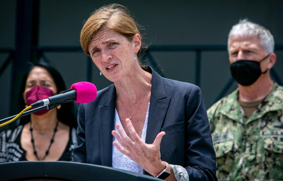 USAID Administrator Samantha Power speaks during a press conference at Port-au-Prince-Toussaint Louverture International Airport. Behind her are U.S. Ambassador to Haiti Michele Sison, left, and U.S. Southern Command Adm. Craig Faller.