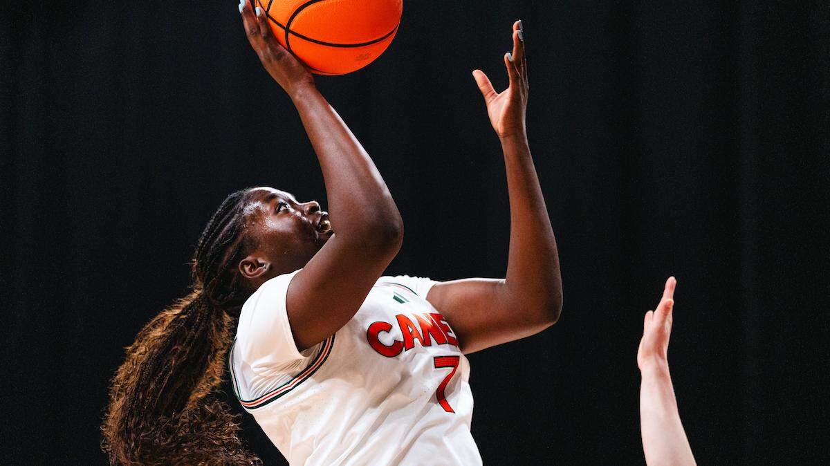 University of Miami freshman forward Danielle Osho scores on a layup during the game Jan. 4, 2026 against Clemson at the Watsco Center.