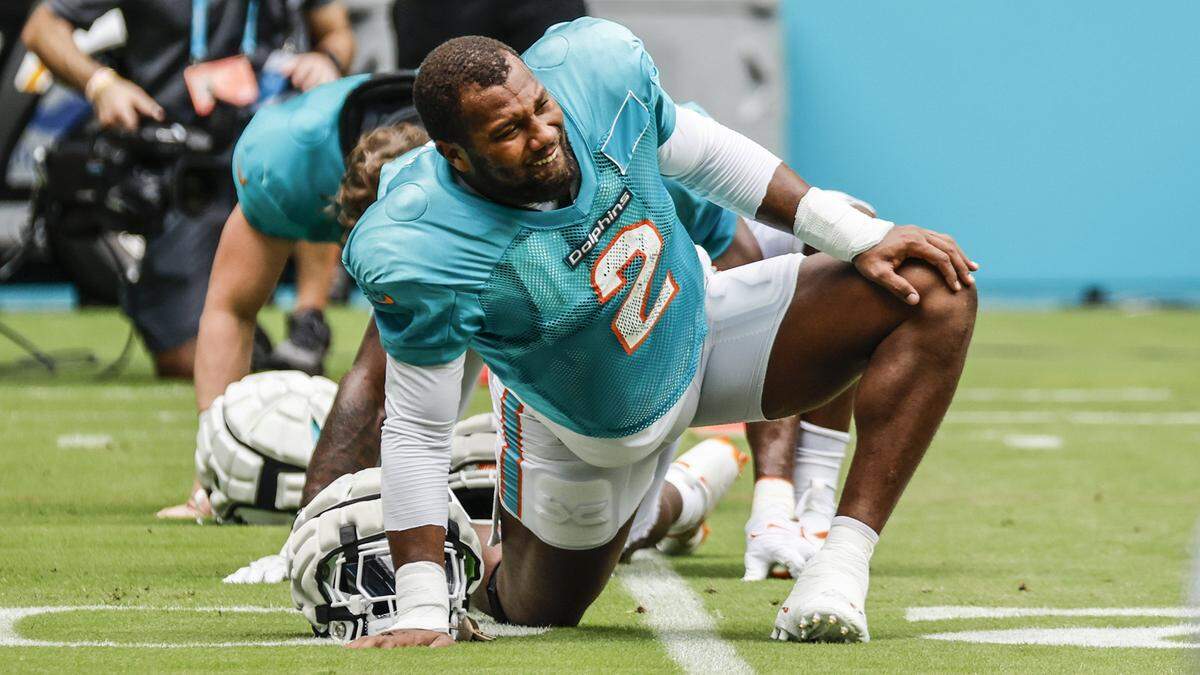 Miami Dolphins linebacker Bradley Chubb (2) stretches during a team scrimmage at Hard Rock Stadium in Miami Gardens on Saturday, August 5, 2023.