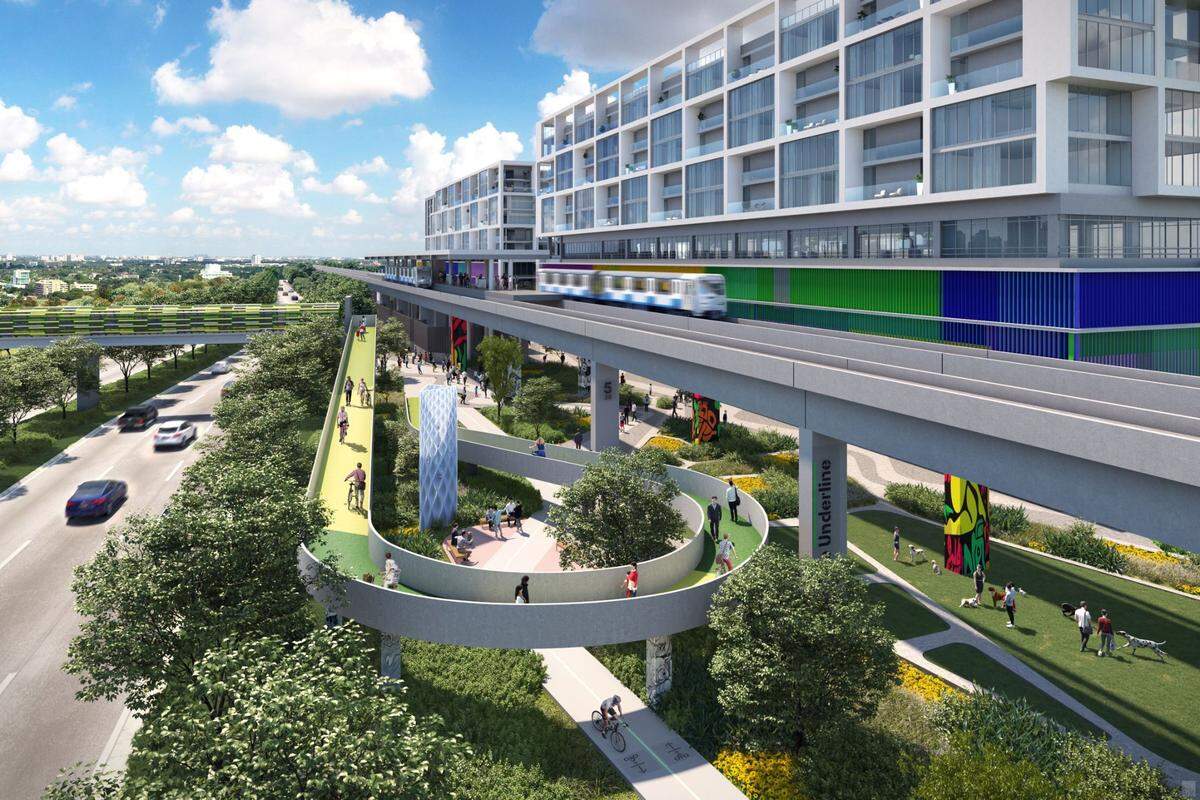 A rendering depicts Terra Group’s proposed redevelopment for the Vizcaya Metrorail Station along U.S. 1. The project would also revamp the ramp and pedestrian and bike bridge, foreground, that connects to the Vizcaya Museum and Gardens.