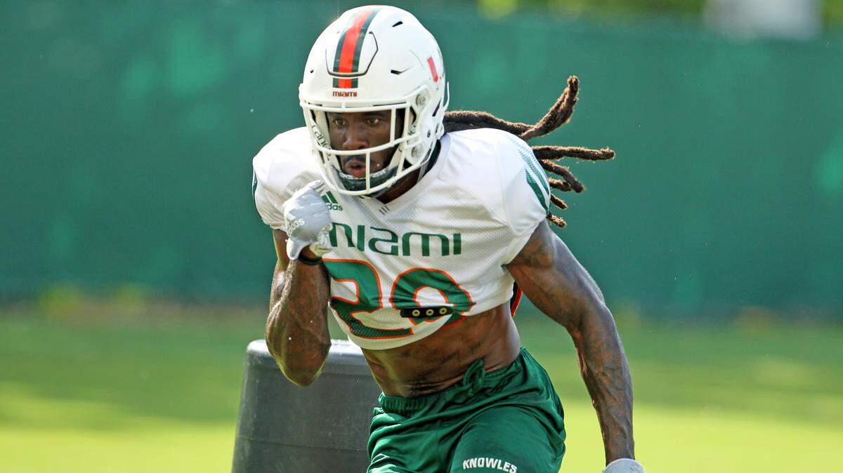 Miami Hurricanes safety Robert Knowles runs drills during practice at the University of Miami Greentree Practice Field in Coral Gables on Wednesday, September 11, 2019 in preparation for their home opener against Bethune-Cookman Wildcats on Saturday at Hard Rock Stadium.