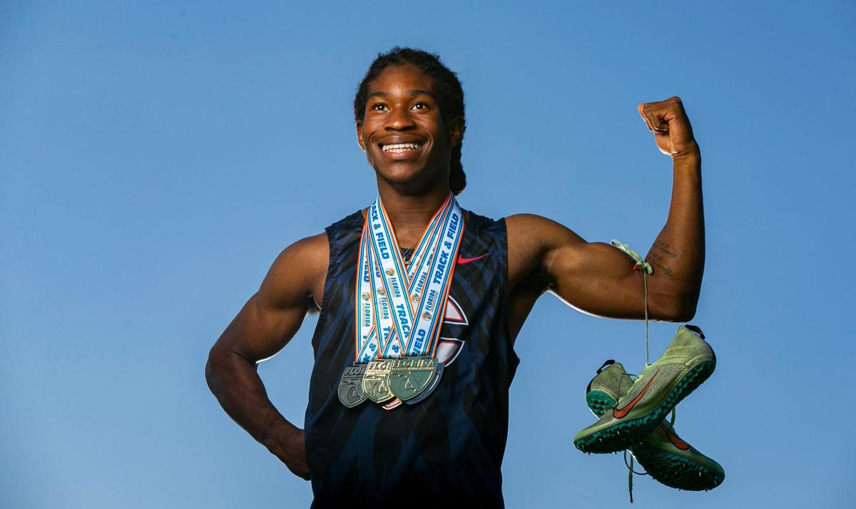 Dade Track and Field Player of the Year Darren McQueen, from Christopher Columbus High School, is photographed at A.D. Barnes Park in Miami, Florida on Wednesday, May 18, 2022.