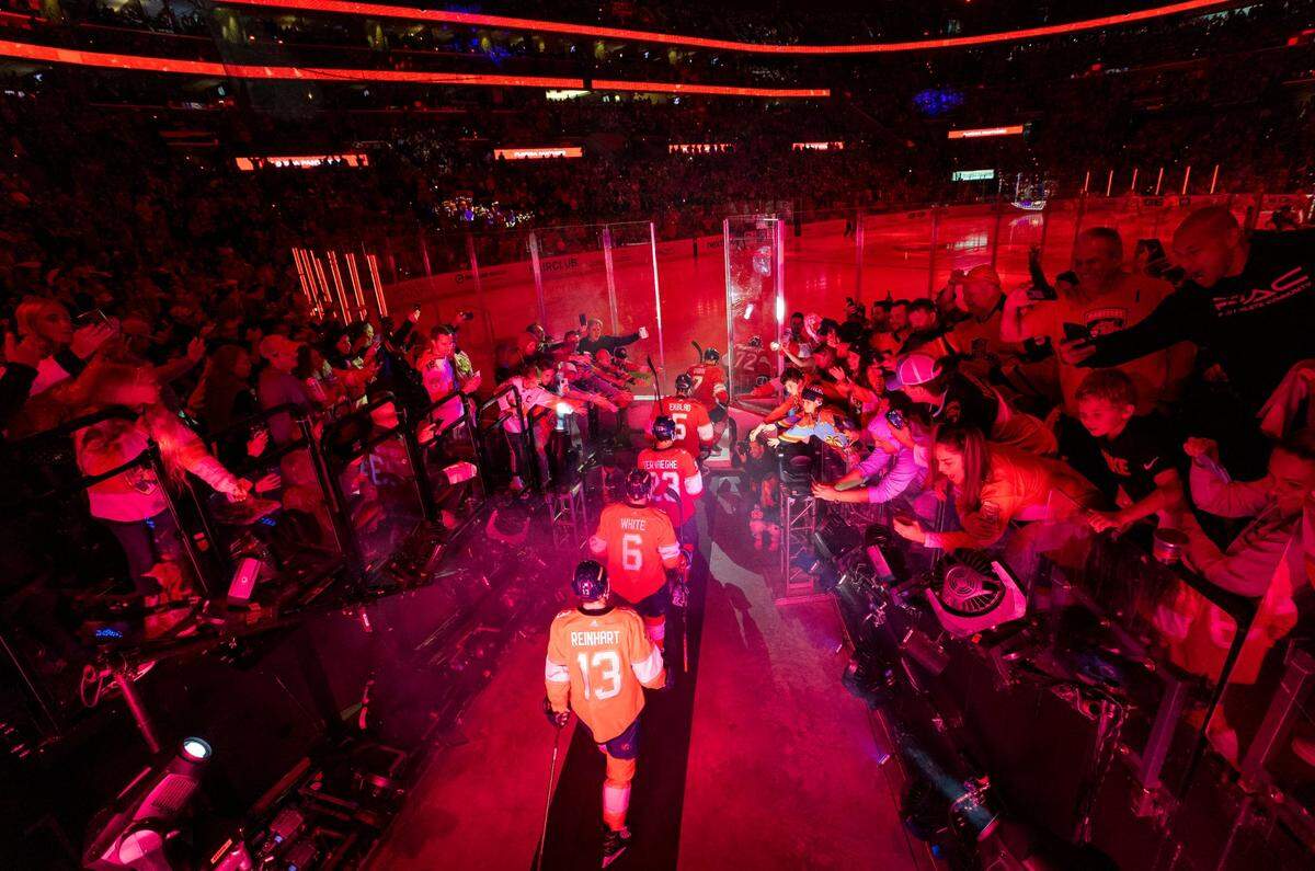 The Florida Panthers walk onto the ice before the start of Game 4 of the NHL Stanley Cup Eastern Conference Final against the Carolina Hurricanes at the FLA Live Arena on Wednesday, May 24, 2023 in Sunrise, Florida. The Panthers swept the Hurricanes to advance to the Stanley Cup Final for the first time since 1996.
