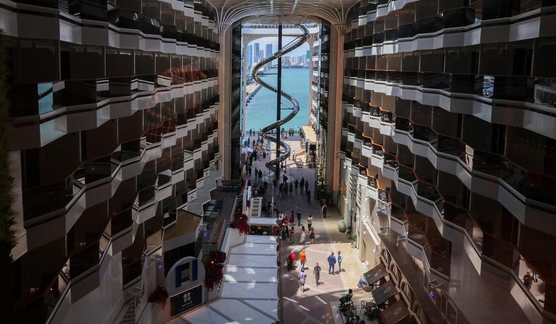 Some of 2,642 cabins line the Promenade on the MSC World America as MSC Cruises officially named its highly-anticipated new flagship, MSC World America, at the line’s new state-of-the-art MSC Miami Cruise Terminal on Wednesday, April 9, 2025, at PortMiami.