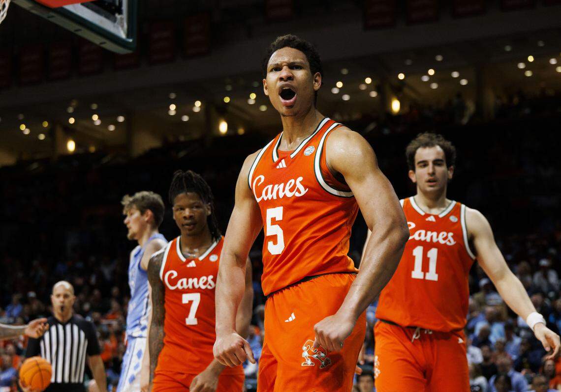 Miami Hurricanes forward Malik Reneau (5) reacts after making a basket during the first half of a game against the North Carolina Tar Heels on Tuesday, Feb. 10, 2026, at the Watsco Center in Coral Gables, Fla.