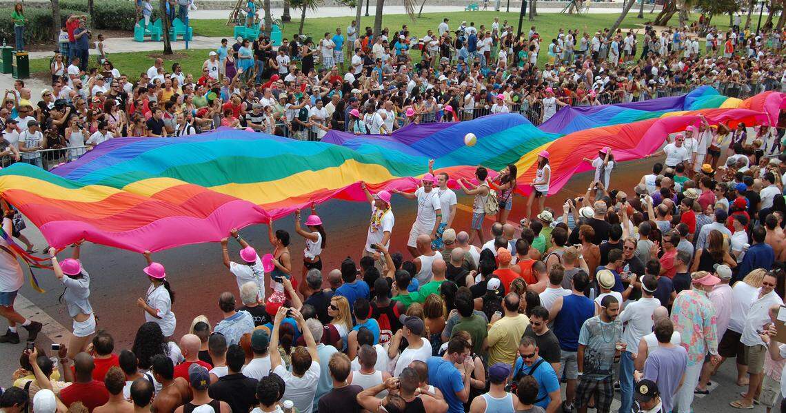4/17/10 --- A 100-foot piece of the Key West Rainbow Flag is paraded along Ocean Drive during Saturday’s 2nd Annual Miami Beach Gay Pride Parade and Festival. The original flag was 8,000 feet long and unfurled along Duval Street in Key West, spanning from the Atlantic Ocean to the Gulf of Mexico. Today’s parade brought out an attendance of about 30,000 people.