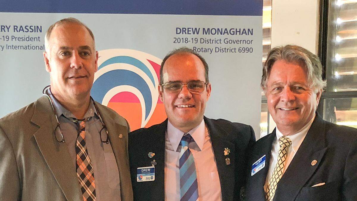 Rotary Club of Coconut Grove funds after-school programs, youth sports, a learn-to-swim project for underprivileged youth, and numerous health initiatives. From left: Joe King, recently installed president for 2018-2019; Drew Monaghan, Rotary district governor; and Clint Bush, Rotary assistant governor.