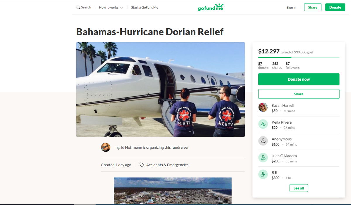 Celebrity chef Ingrid Hoffman, who lives in Miami, is asking for funds to help fuel her rescue mission to the Bahamas following Hurricane Dorian.