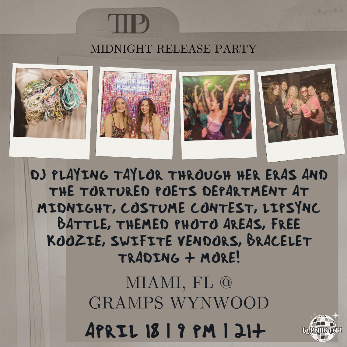 Gramps in Wynwood is scheduled to host a listening party for Taylor Swift’s “The Tortured Poets Department” album on April 18, 2024, a few hours before its midnight release.