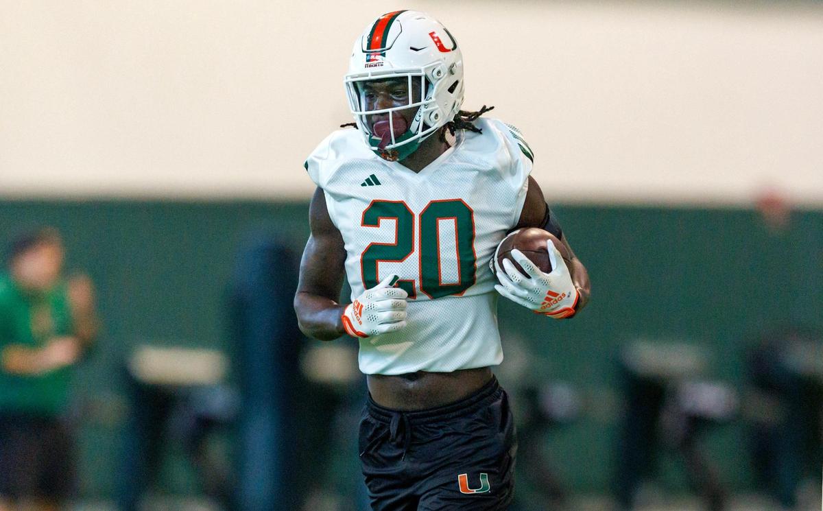 Miami Hurricanes safety James Williams (20) during fall training camp at the Carol Soffer Indoor Practice Facility at the University of Miami on Wednesday, August 2, 2023 in Coral Gables, Florida.