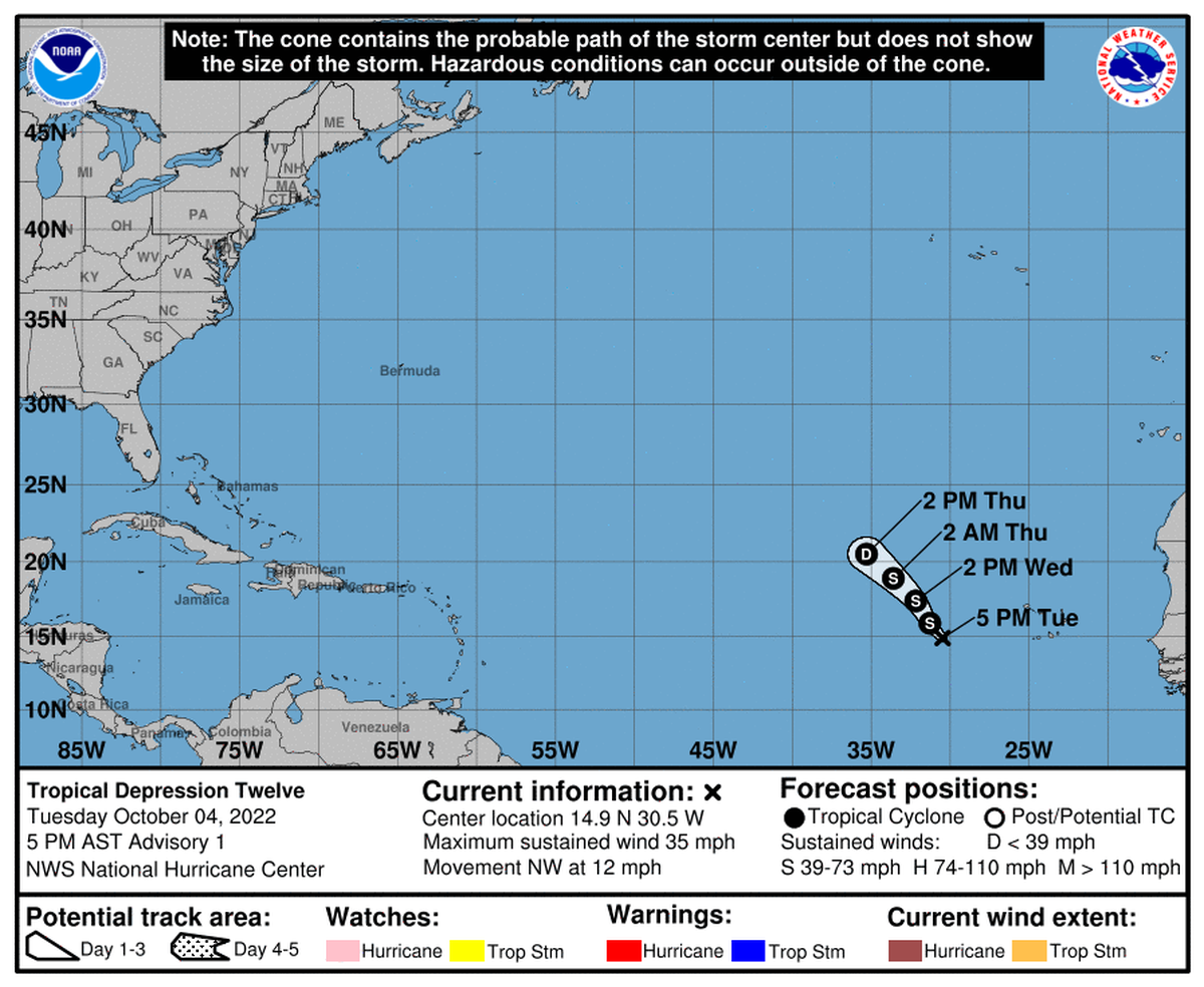 Tropical Depression 12 formed west of the Cabo Verde Islands on Wednesday afternoon.
