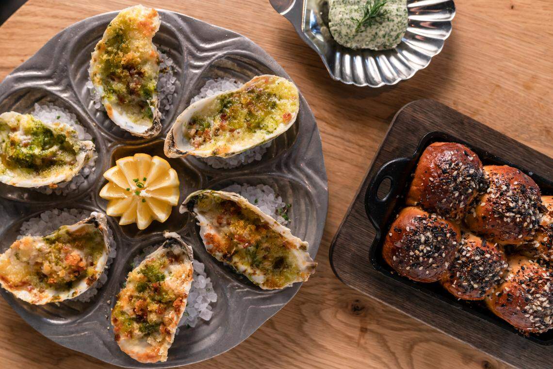 Baked oysters are definitely on Seawell’s menu, served here with monkey bread.