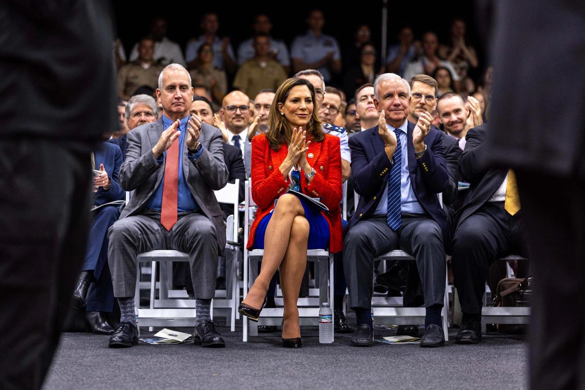 From left to right, Florida United States Representatives Mario Díaz-Balart, Maria Elvira Salazar, and Carlos A. Giménez on Thursday, November 7, 2024, in Doral, Fla.
