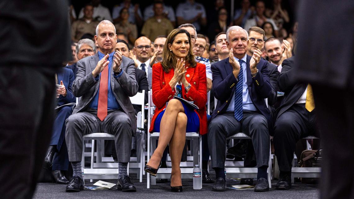 From left to right, Florida United States Representatives Mario Díaz-Balart, Maria Elvira Salazar, and Carlos A. Giménez react as U.S. Secretary of Defense Lloyd J. Austin III presides over the Change of Command Ceremony as U.S. Navy Adm. Alvin Holsey assumes command from U.S. Army Gen. Laura J. Richardson at United States Southern Command on Thursday, November 7, 2024, in Doral, Fla.