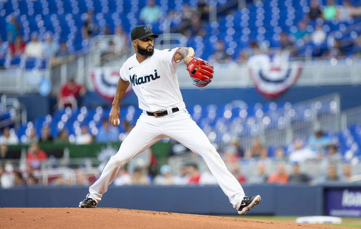Miami Marlins starting pitcher Sandy Alcantara (22) pitches against the Minnesota Twins during the first inning of an MLB game at loanDepot park on Tuesday, April 4, 2023, in Miami, Fla.