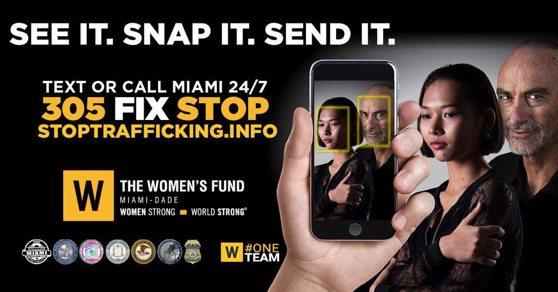 Anti-trafficking signs posted around Miami prior to the Super Bowl by the Miami-Dade Women’s Fund and law enforcement agencies alert visitors and victims to hotline information.