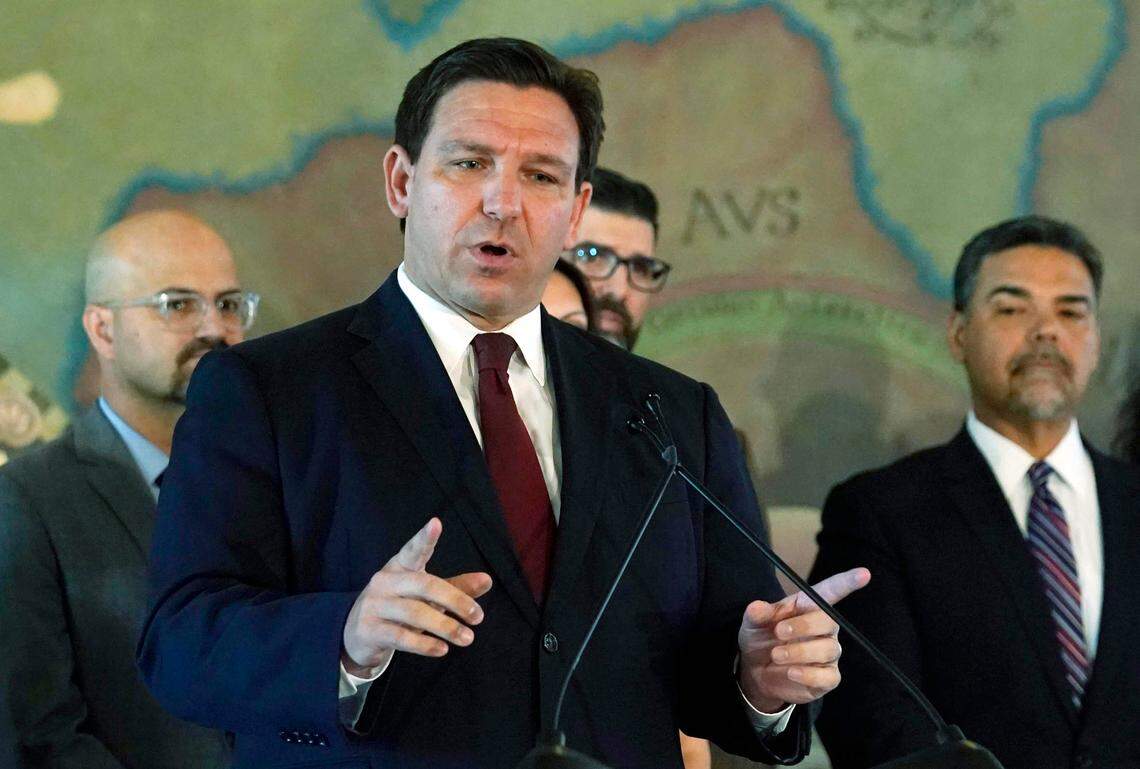 FILE - Florida Gov. Ron DeSantis speaks at Miami’s Freedom Tower, on Monday, May 9, 2022. DeSantis vetoed $35 million for a Pasco County youth sports complex earmarked as a future spring training facility for the Tampa Bay Rays on Thursday, June 2, 2022.