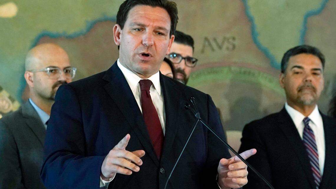 FILE - Florida Gov. Ron DeSantis speaks at Miami’s Freedom Tower, on Monday, May 9, 2022. DeSantis vetoed $35 million for a Pasco County youth sports complex earmarked as a future spring training facility for the Tampa Bay Rays on Thursday, June 2, 2022.