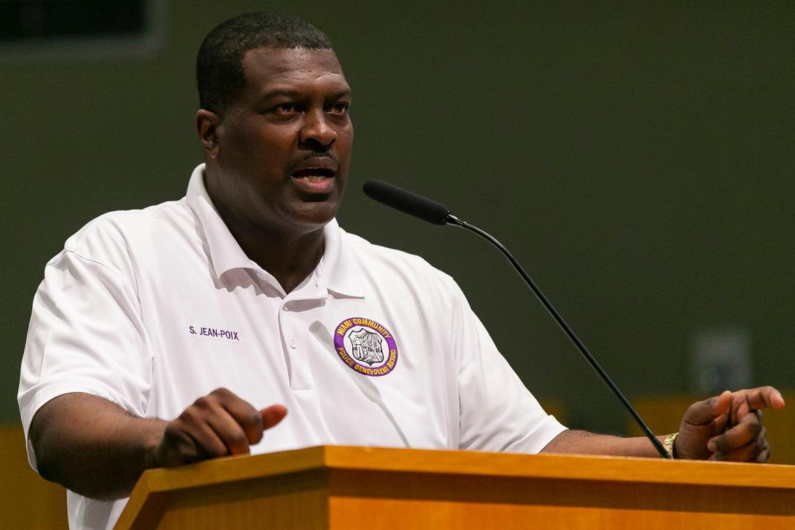 Stanley Jean-Poix, president of the Miami Community Police Benevolent Association, speaks during a meeting at Miami City Hall in Coconut Grove in January 2020.