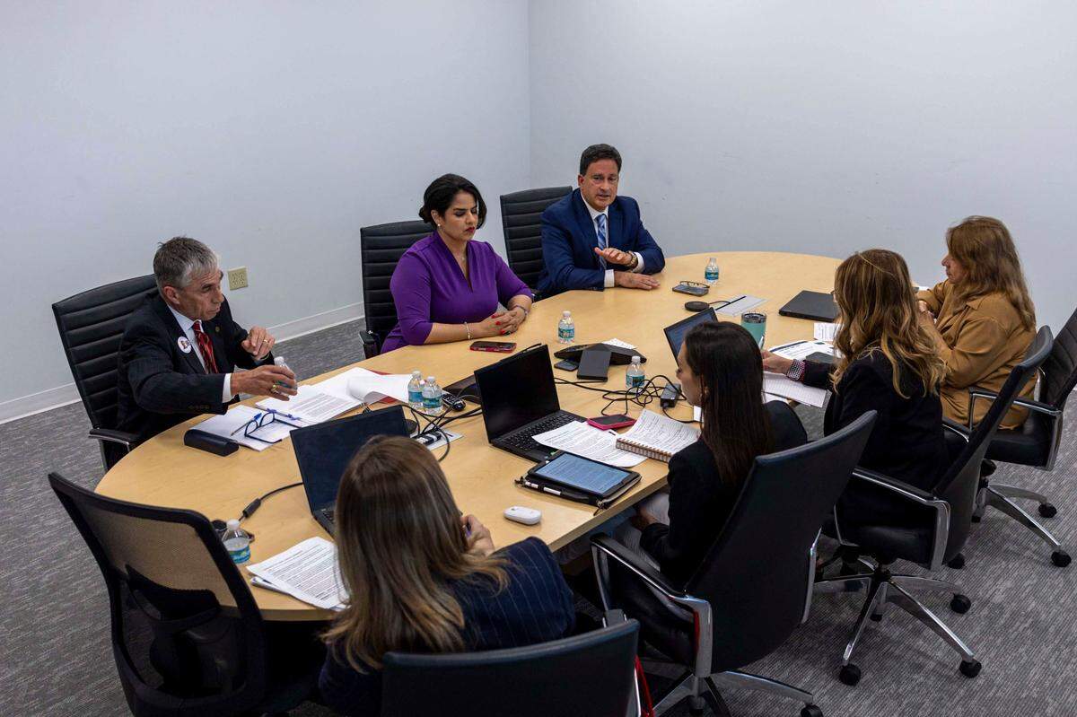 From left to right, Thomas O. Wells, Claudia Miro and Richard Lara speak to the Miami Herald Editorial Board during an interview with the Coral Gables 2025 Group III commission candidates at the Miami Herald newsroom on Thursday, March 6, 2025, in Miami, Florida.