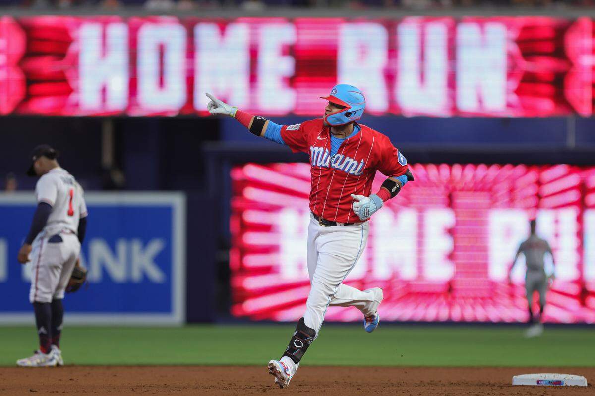 Sep 16, 2023; Miami, Florida, USA; Miami Marlins first baseman Yuli Gurriel (10) circles the bases after hitting a two-run home run against the Atlanta Braves during the first inning at loanDepot Park.