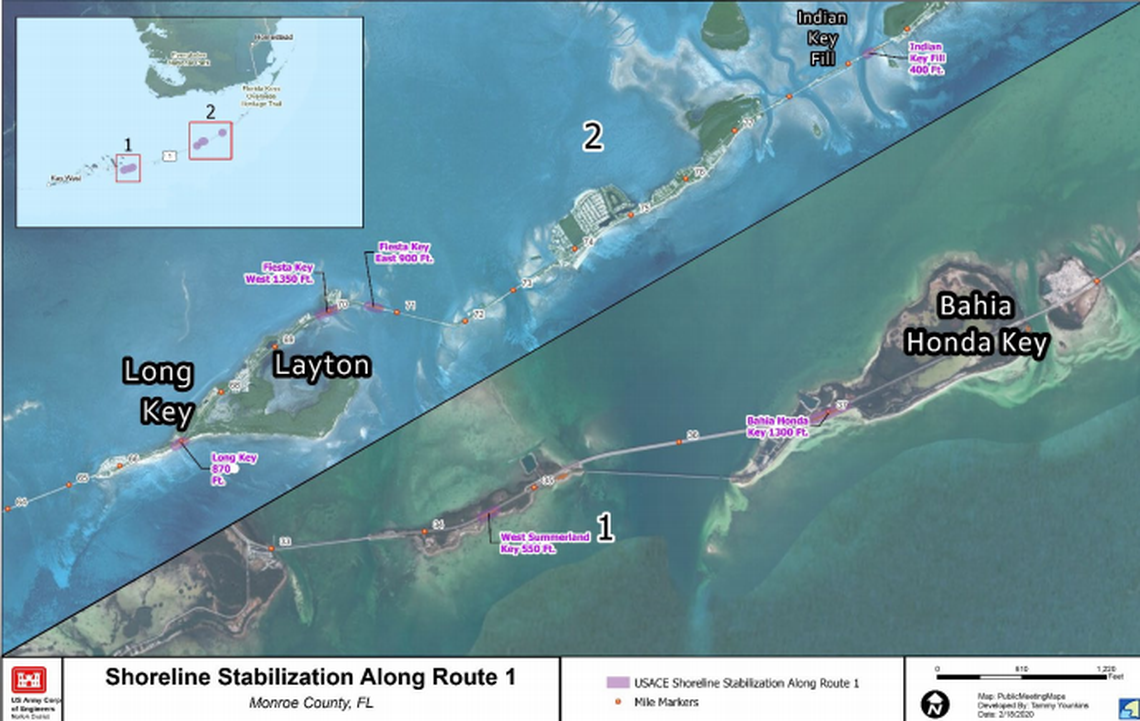 An Army Corps of Engineers map depicting the six spots along U.S. 1 that could undergo shoreline stabilization to protect the island chain from hurricanes.