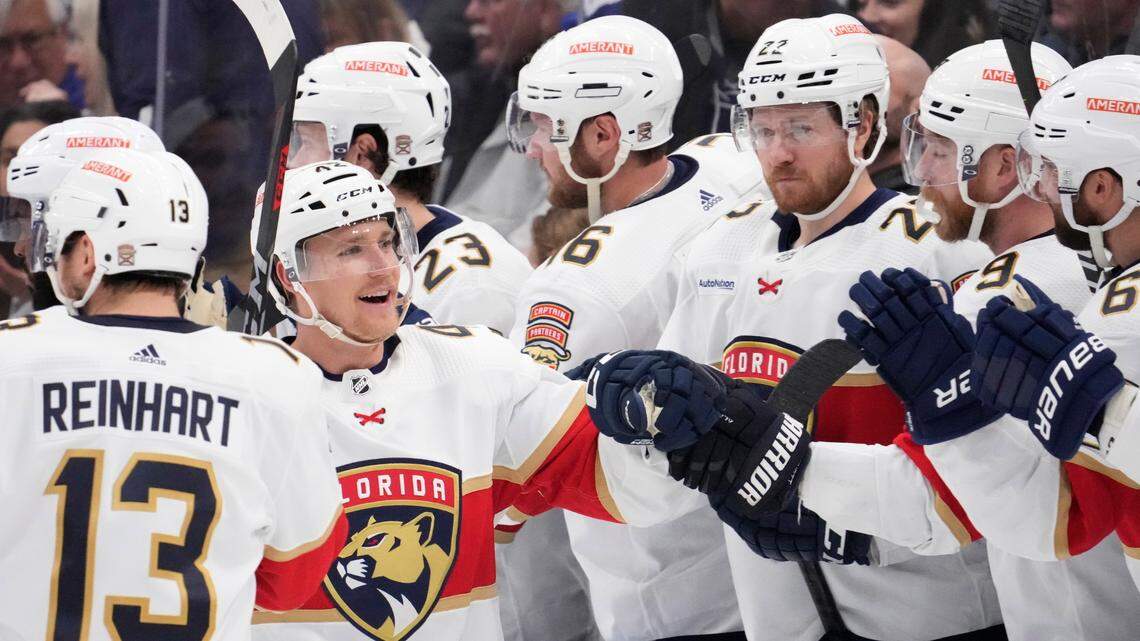 Florida Panthers defenseman Gustav Forsling (42) celebrates with teammates after scoring past Toronto Maple Leafs goaltender Ilya Samsonov (35) during the second period in Game 2 of an NHL hockey Stanley Cup second-round playoff series in Toronto, Thursday, May 4, 2023. (Frank Gunn/The Canadian Press via AP)