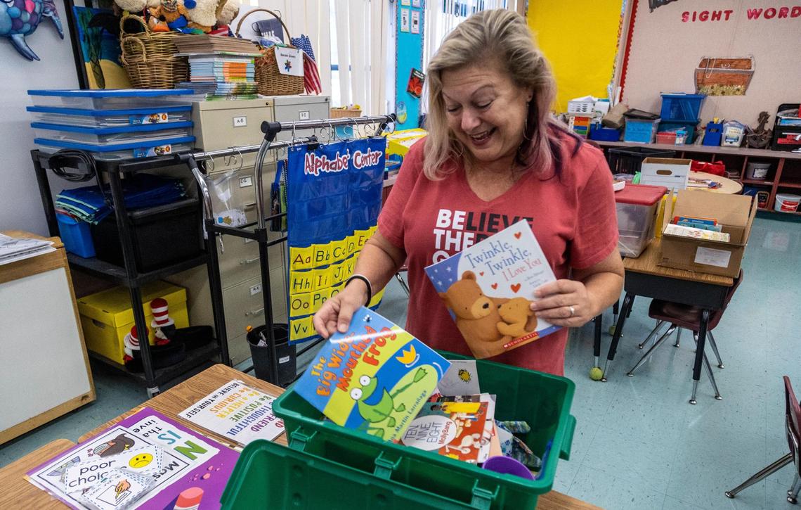 Pembroke Pines, Florida, August 8, 2022- Dr. Denise Soufrine looks through her treasure chest as she prepares for Tuesday’s first day of classes at Pembroke Pines Elementary.
