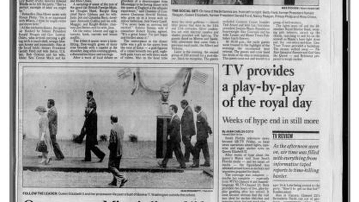 Una página del periódico Miami Herald con la cobertura de la visita de la reina al sur de la Florida en 1991.