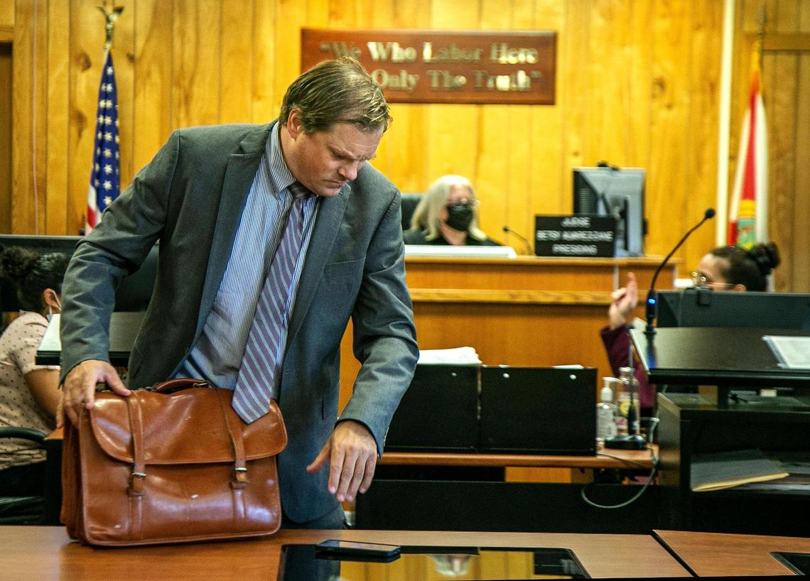 Attorney Daniel Tibbitt, of the Florida Association of Criminal Defense Attorneys appears in Miami-Dade County court in front of Judge Betsy Alvarez-Zane. He was defending a woman charged under a controversial Miami Beach ordinance. The hearing took place at the Richard E. Gerstein Justice Building in Miami, on Wednesday, May 18, 2022.